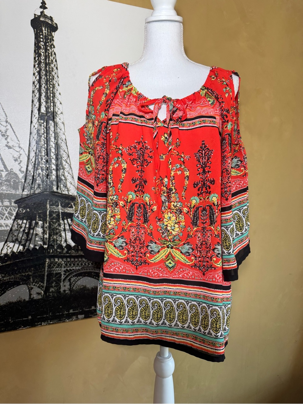 new directions Red Cold-Shoulder Printed Boho Tunic